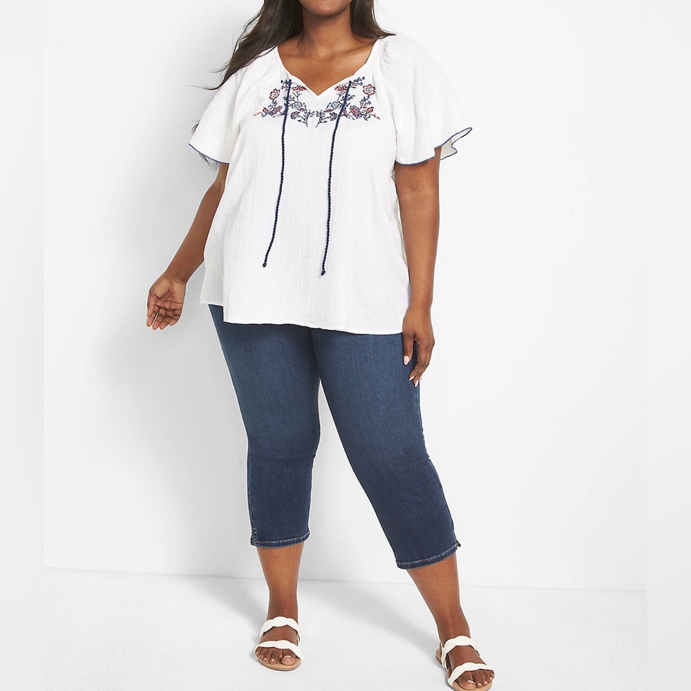 LANE BRYANT Classic Short-Sleeve Split-Neck Embroidered Top 14(1X) 100% Cotton